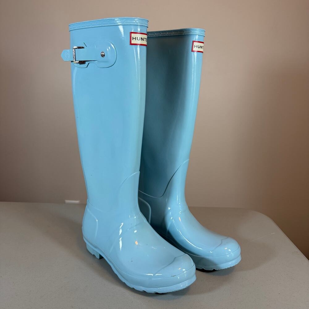 Hunter Original Tall Gloss Rain Boots Womens 8 Glossy Light Blue Outdoors Preppy